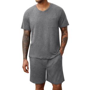 imageEkouaer Mens Pajamas Set Soft Lounge Set V Neck Sleep Nightwear Short Sleeve Pjs with Pocket SXXLHeather Grey