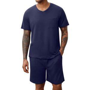 imageEkouaer Mens Pajamas Set Soft Lounge Set V Neck Sleep Nightwear Short Sleeve Pjs with Pocket SXXLNavy Blue