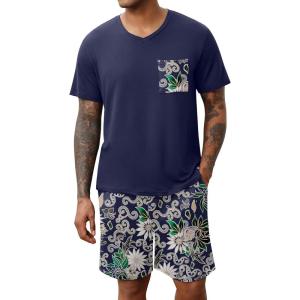 imageEkouaer Mens Pajamas Set Soft Lounge Set V Neck Sleep Nightwear Short Sleeve Pjs with Pocket SXXLNavy Blue Floral