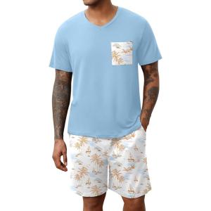 imageEkouaer Mens Pajamas Set Soft Lounge Set V Neck Sleep Nightwear Short Sleeve Pjs with Pocket SXXLPalm Tree Floral