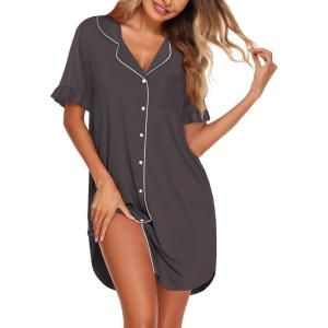 imageEkouaer Nightgowns for Women Button Down Sleep Shirts Short Sleeve Night Shirts V Neck Sleepwear Boyfriend Pajama DressDark Grey