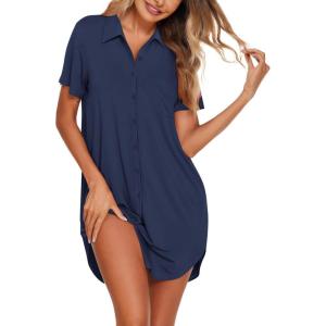 imageEkouaer Nightgowns for Women Button Down V Neck Sleepshirt Short Sleeve Nursing Dress SXXLNavy Blue