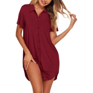 imageEkouaer Nightgowns for Women Button Down V Neck Sleepshirt Short Sleeve Nursing Dress SXXLWine Red