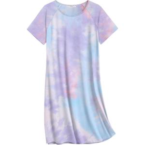 imageEkouaer Nightgowns for Women Cotton Sleep Shirts Short Sleeve Nightshirt Crew Neck Night Gown Comfy Sleepwear NightdressPurple Tie Dye