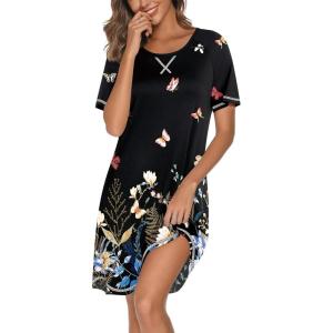 imageEkouaer Nightgowns for Women Short Sleeve Sleep Shirts Crewneck Night Shirts Soft Sleepwear Caual T Shirt Sleep DressButterfly