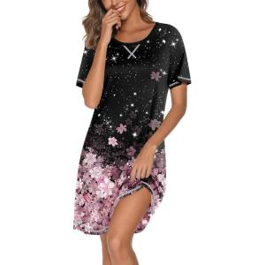 imageEkouaer Nightgowns for Women Short Sleeve Sleep Shirts Crewneck Night Shirts Soft Sleepwear Caual T Shirt Sleep DressCherry Blossoms