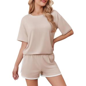 imageEkouaer Soft Pajamas set for Women Loose Lounge Set Crew Neck TShirts Top and Sport Shorts Tracksuit with PocketsChampagne