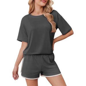 imageEkouaer Soft Pajamas set for Women Loose Lounge Set Crew Neck TShirts Top and Sport Shorts Tracksuit with PocketsDark Gray