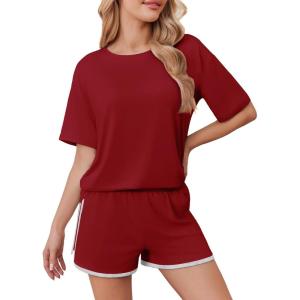 imageEkouaer Soft Pajamas set for Women Loose Lounge Set Crew Neck TShirts Top and Sport Shorts Tracksuit with PocketsDark Red