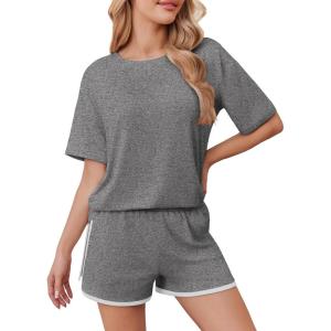 imageEkouaer Soft Pajamas set for Women Loose Lounge Set Crew Neck TShirts Top and Sport Shorts Tracksuit with PocketsDim Gray