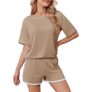 imageEkouaer Soft Pajamas set for Women Loose Lounge Set Crew Neck TShirts Top and Sport Shorts Tracksuit with PocketsKhaki