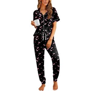 imageEkouaer Women Pajama Set Short Sleeve Button Down Pjs Soft Comfy Sleepwear Nightwear with Jogger PantsBlack Cherry