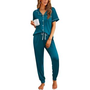 imageEkouaer Women Pajama Set Short Sleeve Button Down Pjs Soft Comfy Sleepwear Nightwear with Jogger PantsBlue Green