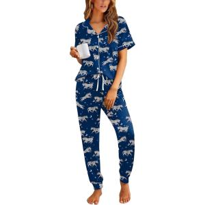 imageEkouaer Women Pajama Set Short Sleeve Button Down Pjs Soft Comfy Sleepwear Nightwear with Jogger PantsBlue Zebra