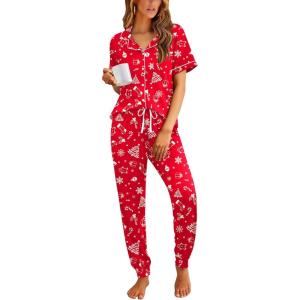 imageEkouaer Women Pajama Set Short Sleeve Button Down Pjs Soft Comfy Sleepwear Nightwear with Jogger PantsChristmas Red