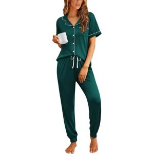 imageEkouaer Women Pajama Set Short Sleeve Button Down Pjs Soft Comfy Sleepwear Nightwear with Jogger PantsDark Green