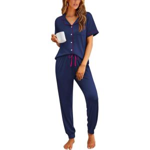 imageEkouaer Women Pajama Set Short Sleeve Button Down Pjs Soft Comfy Sleepwear Nightwear with Jogger PantsNavy Blue