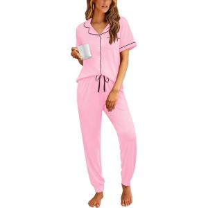 imageEkouaer Women Pajama Set Short Sleeve Button Down Pjs Soft Comfy Sleepwear Nightwear with Jogger PantsPink