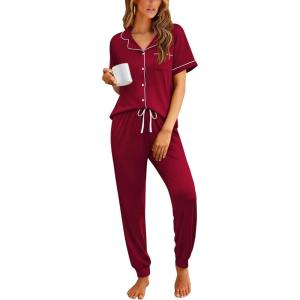 imageEkouaer Women Pajama Set Short Sleeve Button Down Pjs Soft Comfy Sleepwear Nightwear with Jogger PantsWine Red