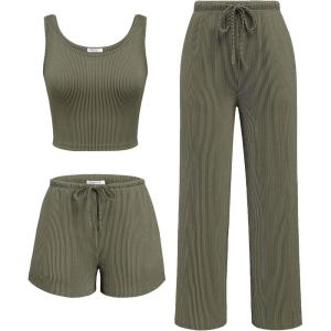 imageEkouaer Womens 3 Piece Lounge Set Ribbed Soft Pajama Set  Crop Top Shorts ampamp Pants Vacation Outfits With PokcetArmy Green