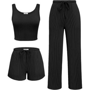 imageEkouaer Womens 3 Piece Lounge Set Ribbed Soft Pajama Set  Crop Top Shorts ampamp Pants Vacation Outfits With PokcetBlack
