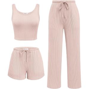 imageEkouaer Womens 3 Piece Lounge Set Ribbed Soft Pajama Set  Crop Top Shorts ampamp Pants Vacation Outfits With PokcetChampagne