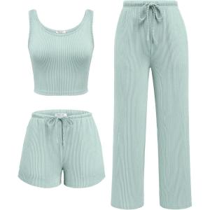 imageEkouaer Womens 3 Piece Lounge Set Ribbed Soft Pajama Set  Crop Top Shorts ampamp Pants Vacation Outfits With PokcetIce Cream Green