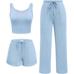 imageEkouaer Womens 3 Piece Lounge Set Ribbed Soft Pajama Set  Crop Top Shorts ampamp Pants Vacation Outfits With PokcetLight Blue