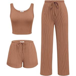 imageEkouaer Womens 3 Piece Lounge Set Ribbed Soft Pajama Set  Crop Top Shorts ampamp Pants Vacation Outfits With PokcetLight Brown
