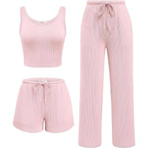 imageEkouaer Womens 3 Piece Lounge Set Ribbed Soft Pajama Set  Crop Top Shorts ampamp Pants Vacation Outfits With PokcetLight Pink