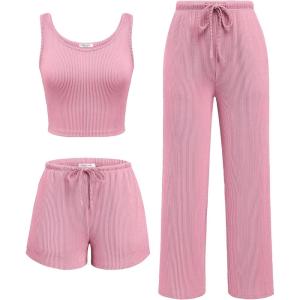 imageEkouaer Womens 3 Piece Lounge Set Ribbed Soft Pajama Set  Crop Top Shorts ampamp Pants Vacation Outfits With PokcetPink