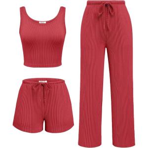 imageEkouaer Womens 3 Piece Lounge Set Ribbed Soft Pajama Set  Crop Top Shorts ampamp Pants Vacation Outfits With PokcetRed