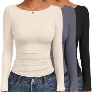 imageEkouaer Womens Boat Neck Tops 3 Packs Long Sleeve Shirts Ruched Fall Fashion 2025 Outfits Basic Thermal Underscrubs3pcs Black  Beige  Dark Grey