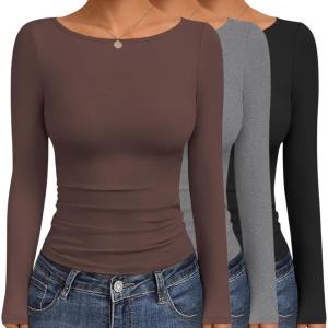 imageEkouaer Womens Boat Neck Tops 3 Packs Long Sleeve Shirts Ruched Fall Fashion 2025 Outfits Basic Thermal Underscrubs3pcs Black  Brown  Grey