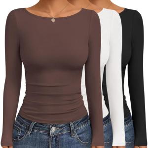 imageEkouaer Womens Boat Neck Tops 3 Packs Long Sleeve Shirts Ruched Fall Fashion 2025 Outfits Basic Thermal Underscrubs3pcs Black  Brown  White