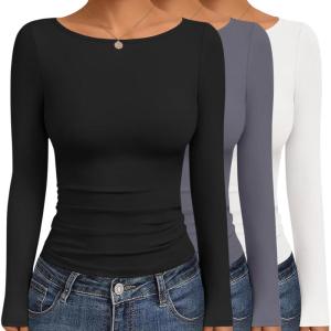 imageEkouaer Womens Boat Neck Tops 3 Packs Long Sleeve Shirts Ruched Fall Fashion 2025 Outfits Basic Thermal Underscrubs3pcs Black  Dark Grey  White