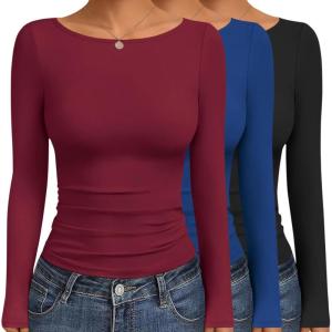 imageEkouaer Womens Boat Neck Tops 3 Packs Long Sleeve Shirts Ruched Fall Fashion 2025 Outfits Basic Thermal Underscrubs3pcs Black  Dark Red  Blue