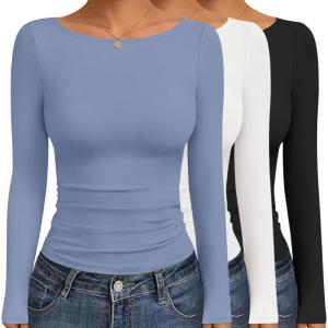 imageEkouaer Womens Boat Neck Tops 3 Packs Long Sleeve Shirts Ruched Fall Fashion 2025 Outfits Basic Thermal Underscrubs3pcs Black  Grey Blue  White
