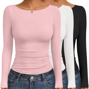 imageEkouaer Womens Boat Neck Tops 3 Packs Long Sleeve Shirts Ruched Fall Fashion 2025 Outfits Basic Thermal Underscrubs3pcs Black  Pink  White