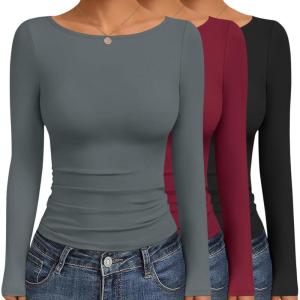 imageEkouaer Womens Boat Neck Tops 3 Packs Long Sleeve Shirts Ruched Fall Fashion 2025 Outfits Basic Thermal Underscrubs3pcs Black  Sage Green  Dark Red