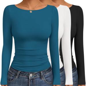 imageEkouaer Womens Boat Neck Tops 3 Packs Long Sleeve Shirts Ruched Fall Fashion 2025 Outfits Basic Thermal Underscrubs3pcs Black  White  Dark Blue