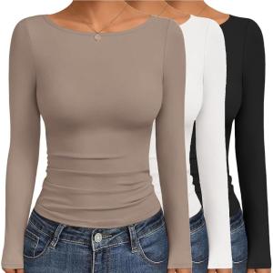 imageEkouaer Womens Boat Neck Tops 3 Packs Long Sleeve Shirts Ruched Fall Fashion 2025 Outfits Basic Thermal Underscrubs3pcs Black  White  Light Brown