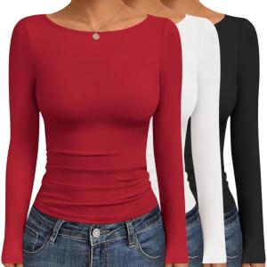 imageEkouaer Womens Boat Neck Tops 3 Packs Long Sleeve Shirts Ruched Fall Fashion 2025 Outfits Basic Thermal Underscrubs3pcs Black  White  Red