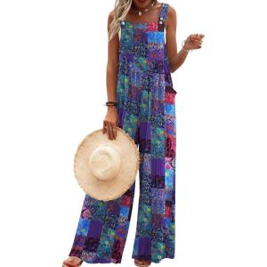 imageEkouaer Womens Casual Overalls Loose Wide Leg Jumpsuits Summer Boho Floral Printed Baggy Rompers with PocketsA Blue Boho Print