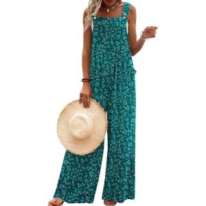 imageEkouaer Womens Casual Overalls Loose Wide Leg Jumpsuits Summer Boho Floral Printed Baggy Rompers with PocketsGreen Blue Floral