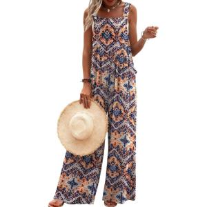imageEkouaer Womens Casual Overalls Loose Wide Leg Jumpsuits Summer Boho Floral Printed Baggy Rompers with PocketsOrange Bohemian