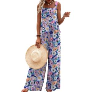 imageEkouaer Womens Casual Overalls Loose Wide Leg Jumpsuits Summer Boho Floral Printed Baggy Rompers with PocketsPink Black Floral
