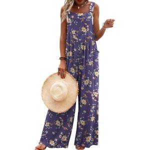 imageEkouaer Womens Casual Overalls Loose Wide Leg Jumpsuits Summer Boho Floral Printed Baggy Rompers with PocketsPurple Floral