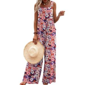 imageEkouaer Womens Casual Overalls Loose Wide Leg Jumpsuits Summer Boho Floral Printed Baggy Rompers with PocketsPurple Pink Floral