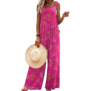 imageEkouaer Womens Casual Overalls Loose Wide Leg Jumpsuits Summer Boho Floral Printed Baggy Rompers with PocketsRose Red Floral